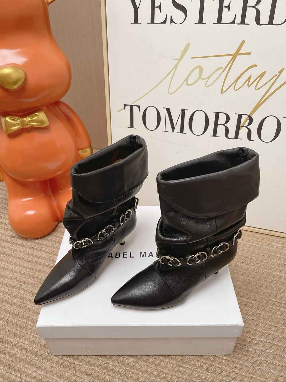 Isabel Marant Black Leather Pointed-Toe Chain-Trim Ankle Boots